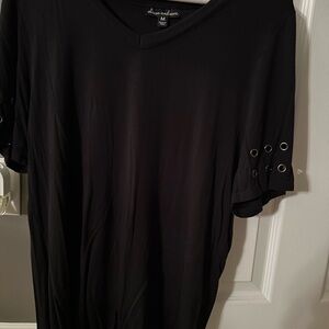 Black V-Neck Blouse with Grommet Sleeve Detail